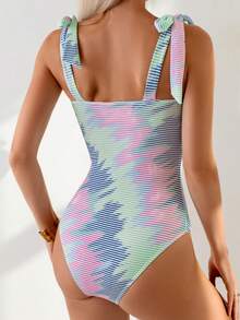 Swim Basics 女士性感连体深V露背系带多色条纹泳衣，夏季 - 彩色 - 查看 3