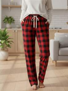 Pantalon de pijama con top de manga corta con estampado a cuadros y pantalón largo de dormir a cuadros con bolsillos para mujer - Rojo - Ver 2