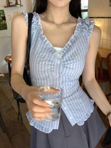 DAZY Women's Ruffled Striped Sleeveless Top, Fresh And Youthful For Summer Vacation - Blue - View 3