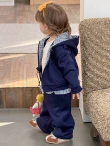 DAZY Baby Girl Fashion Plaid Patchwork Hoodie Sweatshirt & Pants Set, Casual Outfit Toddler Girls Clothes - Navy Blue - View 3