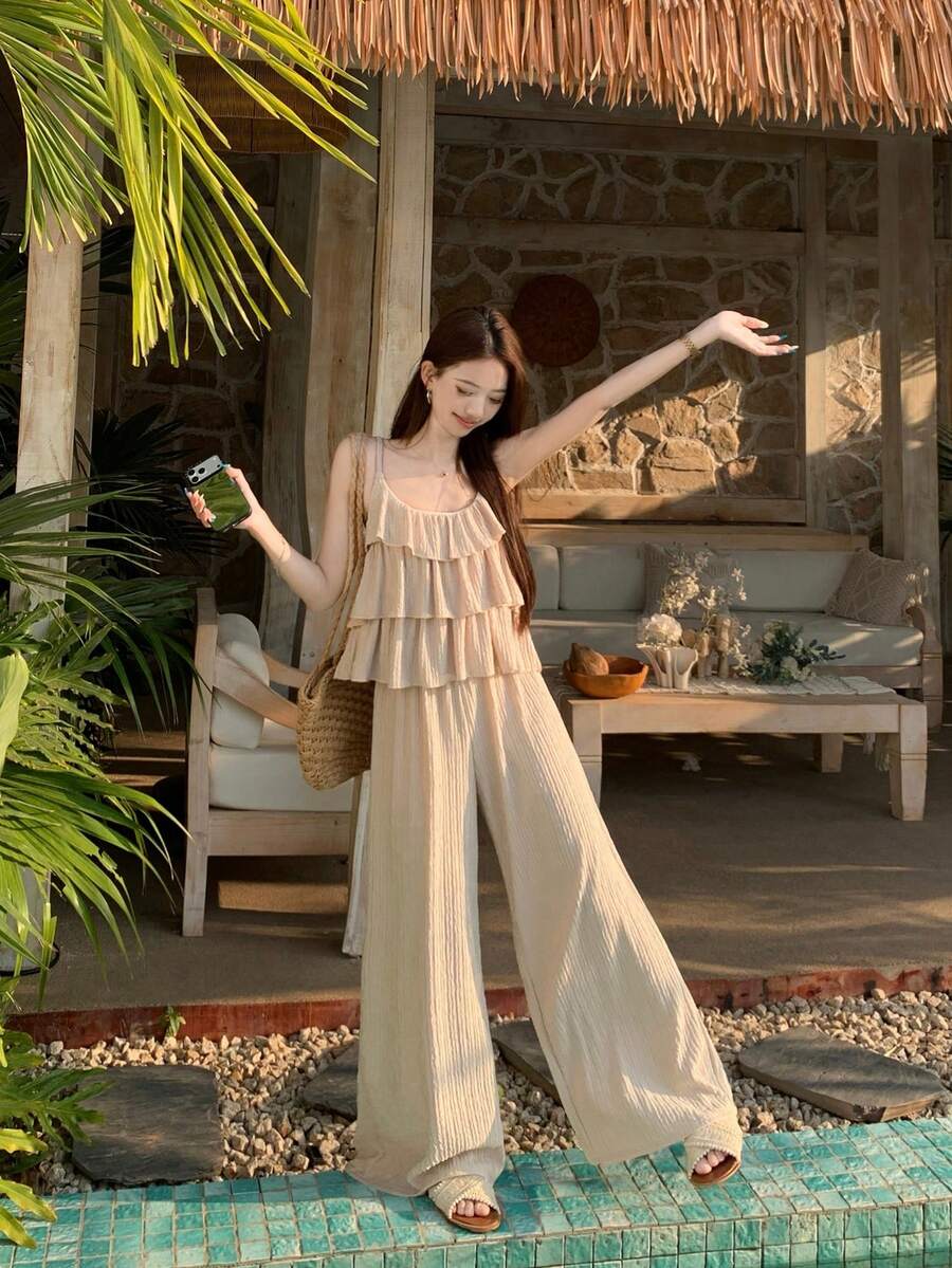 DAZY 两件套女士吊带荷叶边吊带背心和休闲裤，韩版少女风 - 卡其色 - 查看 1