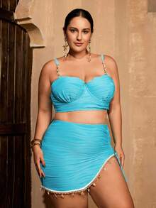 Swim Oasis 大码女式夏季沙滩纯色褶皱串珠吊带时尚比基尼套装，配同款迷你裙 - 藍色 - 查看 7