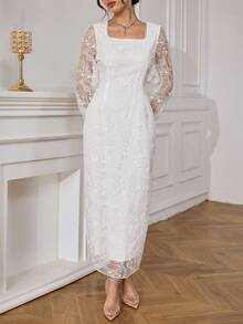 Modelyn Elegant Embroidered Waist Fitted Straight Midi Dress For Women - Pearl White - View 4