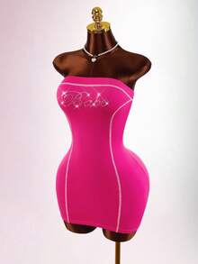 Amplova Rhinestone English Letter Pattern Comfortable Fabric Tight-Fitting Mini Dress, Rose Pink - Pink - View 1