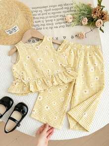 SHEIN LMoss Kids 2pcs Baby Girl Woven Striped Crew Neck Top And Loose Casual Pants Set - Multicolor - View 2