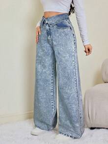 SHEIN Tall Quần jeans ống rộng cạp gập đơn giản cho nữ - Rửa nhẹ - Xem 6