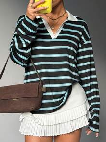 Dewbera Women's Striped V-Neck Loose Fit Long Sleeve Polo Shirt, Casual Sports Wear For Daily, All Season 70s Outfit Women Jumper For Woman Casual Tops Women Women's Golf Tops Double Lined Top Long Sleeve Tops Loose Tops - Multicolor - View 7