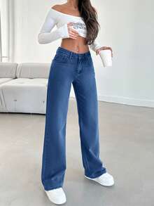 SHEIN Tall 100%纯棉低腰黑色直筒长裤 - 中等水洗藍 - 查看 6
