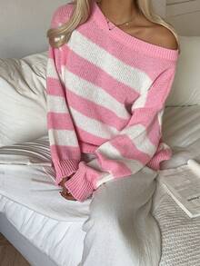 CovetEZ 女士休闲宽松露肩长袖条纹毛衣，秋冬款 - 粉色 - 查看 7