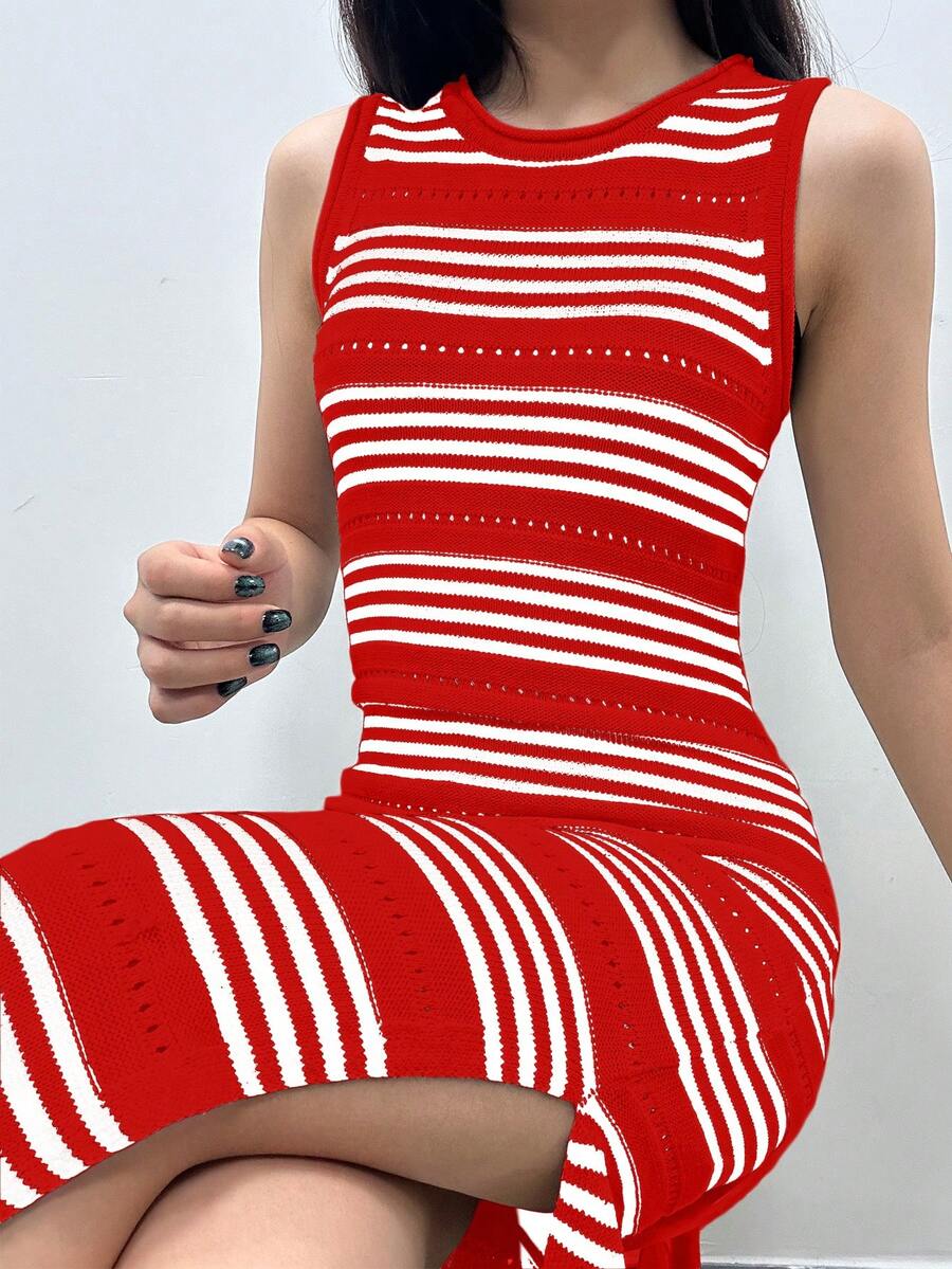 Chiquease 女士夏季休闲圆领无袖条纹针织连衣裙 - 紅色 - 查看 1