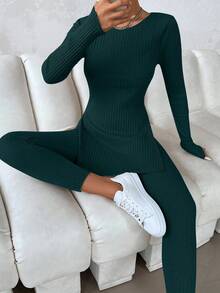 EURMUSE 2-częściowy damski komplet z okrągłym dekoltem, rozcięciem na dole, długim rękawem i obcisłymi spodniami