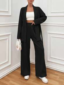 EURMUSE 女式纯色和服上衣，长袖和裤子，休闲套装，华夫格面料 - 黑色 - 查看 4