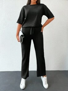 EURMUSE Solid Drop Shoulder Tee & Trousers - Black - View 2