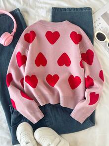 SHEIN 女童时尚简约爱心图案提花针织长袖毛衣，秋冬款 - 粉色 - 查看 2