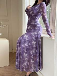 Feyla Vestido Elegante Feminino com Estampa de Borboleta