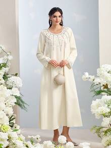 Al Najma Women's Rhinestone Decor Round Neck Long Sleeve Elegant Arabic Style Dress - Khaki - View 3