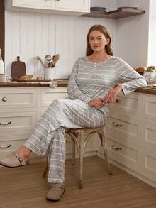 Doze Lane Plus Size American Casual Striped Crew Neck Long Sleeve Top And Straight Leg Pants Women Pajama Set Long Sleeve Pj Set Knit Pajama Set Women Lounge Set Long Sleeve Lounge Set Women's Lounge Set - Grey - View 7