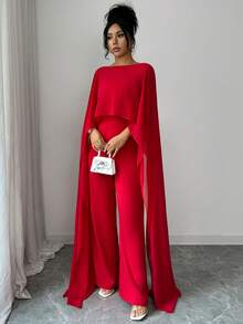 Lyxana 优雅女士短款露腰雪纺连体裤，亮红色，修身剪裁，休闲日常穿着，约会，情人节，婚礼季，春夏皆宜。 - 紅色 - 查看 3