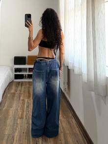 StreetHx 女士休闲水洗做旧牛仔背带裤 - 藍色 - 查看 2