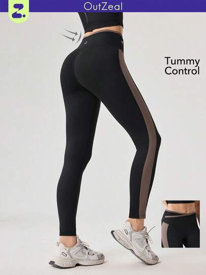 OutZeal 女士户外黑色紧身裤，适合健身、普拉提运动，具有收腹、交叉腰带和撞色设计。