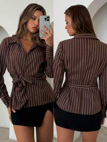 Aloruh Damen elegantes gestreiftes Hemd mit Bindegürtel und Langarm - Verschiedenfarbig - Übersicht 2