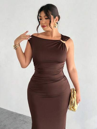 Firerie Plus Size Elegant Casual Vacation Office Commute Sleeveless Dress, Metal Decor Elastic Waist Slim A-Line With Slit, Suitable For Spring/Summer