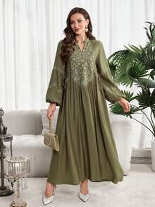 Al Najma Women's Elegant Commuter Floral Embroidered Arabic Style Dress - Olive Green - View 6