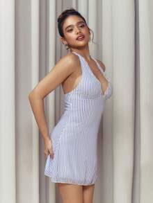 Criza Taa Spring/Summer Back To School Sleeveless V-Neck Mini Dress For Women, Blue Striped School Girl Style - Baby Blue - View 4