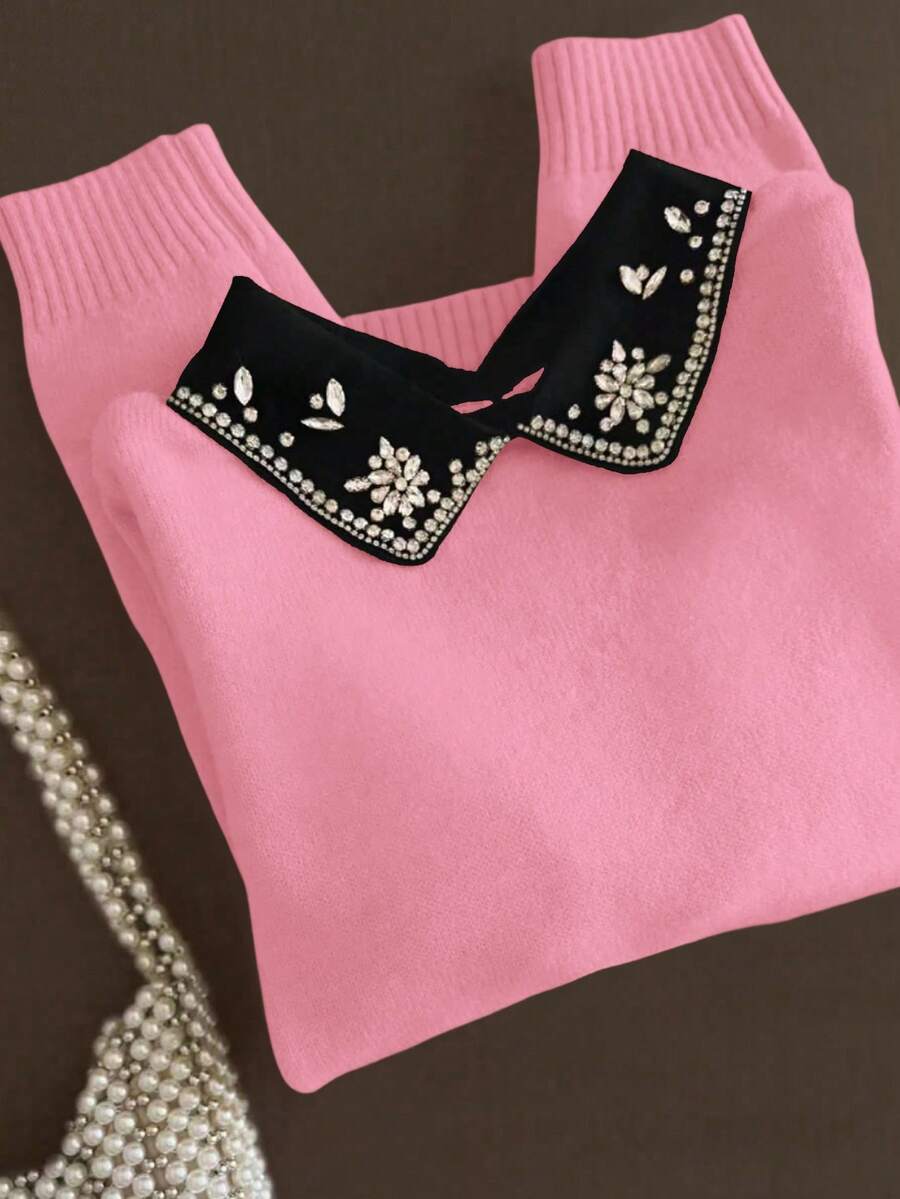 Franclia 复古优雅二合一针织毛衣，饰有钻石图案，翻领，长袖，休闲日常穿着，返校季，秋冬季佳选。 - 粉色 - 查看 1