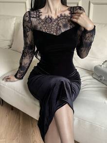 Dazy Tall Tall Women's Lace Patchwork Backless Hollow-Out Elegant Velvet Casual Long Bodycon Dress - Black - View 2