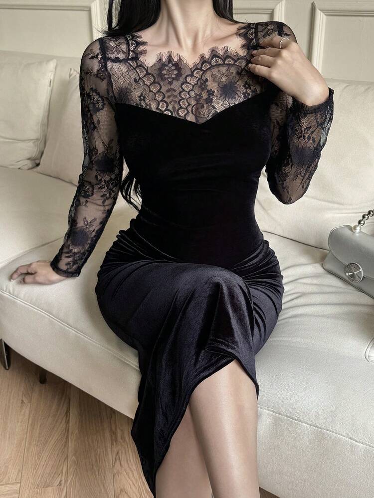 Tall Women's Lace Patchwork Backless Hollow-Out Elegant Velvet Casual Long Bodycon Dress Maxi Dress