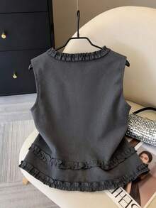 Franclia Plus Size Women Elegant Vintage Style Woven Plain Sleeveless Tank Top With Round Neck And Ruffle Trim, Spring/Summer French Style Clothes Tops For Women Elegant Cute Black Tops Vest Dark Grey Top - Dark Grey - View 2