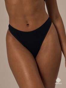 MUSERA ESSENTIALS Pointelle Contrast Picot Trim High Leg Thong Fall Autumn Winter Cosy Lounge Underwear Lingerie Everyday Basics Essential Spring Summer Vacation Holiday - Black - View 1