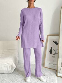 EURMUSE 100%Cotton Women's Solid Color Striped Round Neck Top And Pants Two Piece Set - Lilac Purple - View 4
