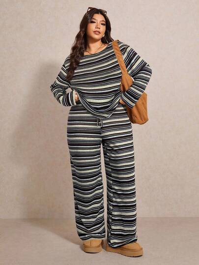 Elaquor Plus Size Casual Striped Top And Pants 2 Pieces Set, Spring Outfit Women Casual Women's Set