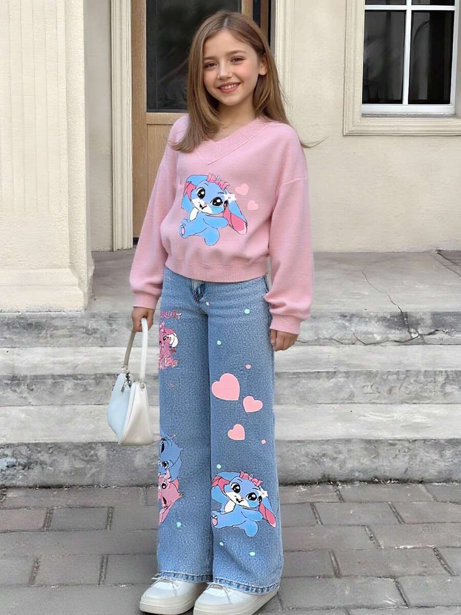 SHEIN ChillGRL Tween Girls Straight Leg Jeans, Blue Denim Casual Pants, Y2K Aesthetic, Outdoor Chic, Comfortable Cotton Fabric, Cartoon Animal Graphic Print, Elastic Waist, Versatile For School, Party, Travel, Daily Wear - Light Wash - View 1