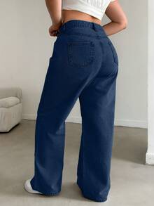 EURMUSE 100%Cotton HIGH RISE STRAIGHT CUT PLUS SZIE WOMEN JEAN - Dark Wash - View 2