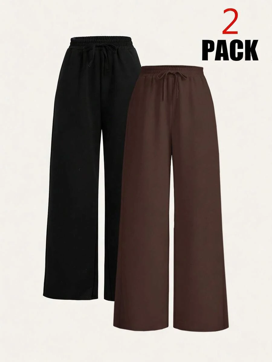 SHEIN EZwear 2 chiếc quần ống rộng dáng suông thoải mái dành cho nữ cỡ lớn, có dây rút ở eo. - Màu nâu Sô-cô-la - Xem 1