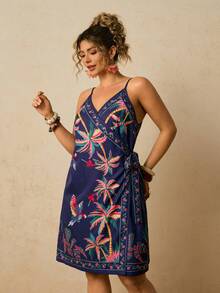 Travachic Đầm không tay dáng rộng in hình cây cọ dành cho nữ cỡ lớn - Màu xanh lam - Xem 3