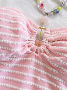 Soleia Women's Summer Set Vacation Outfits Women Casual Sets For Women Pink  Carnival Women's Striped Ruched Bandeau Top And Shorts 2 Pieces Set