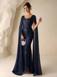 Coutiva Luxury Sequin Embellished Formal Gown, High-End Elegant Party Dress Navy Blue Formal Gown Elegant Evening Dress Gala Evening Gown Sparkle Formal Gown Formal Sequin Gown Valentines Dress Elegant Dress Sequin Dress Floral Dress Navy Blue Sequin Dress Blue Sequin Formal Dress Long Sleeve Formal Dress Blue Sparkly Dress Formal Evening Gown  Graduation Ceremony, School Opening, Music Festival, Birthday Party, Wedding, Afternoon Tea Gathering, Ball - Navy Blue - View 3