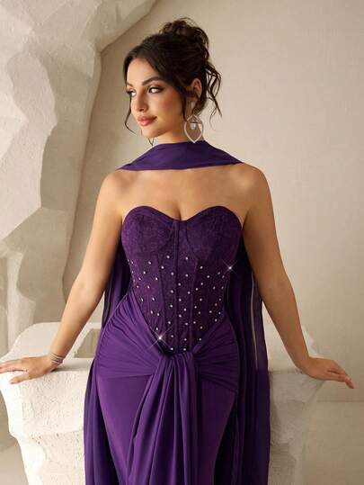 Coutiva Elegant Women's Formal Contrast Lace Dress With Crystal Decor, Bow Tie And Flowing Ribbons, Luxury Evening Gown