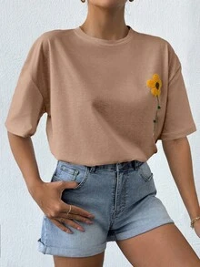 100%Cotton White Tshirt With Embroidery Detail - Camel - View 4