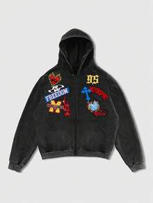 ROMWE MEN 男士字母火焰印花长袖拉链休闲连帽衫 - 黑色 - 查看 6