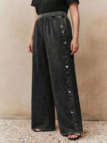 Anewsta 新款时尚设计女式不对称珍珠串珠水洗效果直筒大码休闲裤 - 黑色 - 查看 3