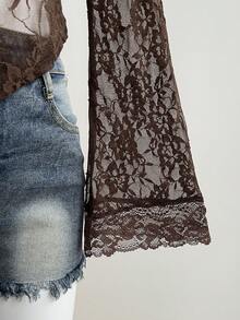 Sweetra Casual Lace Trim Sheer Drawstring Blouse, Sexy Street Style, Spring/Summer - Brown - View 6