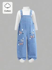 SHEIN Sparklyn Tween Girls' Summer Casual Fashion New Jumpsuit, Cute Butterfly Digital Print Pattern Metal Button Suspender Denim Long Pants, Suitable For Tween Girls Back To School Season, Cute Sweet Lively Lady Daily, School, Outing, Travel, Party, Photo Shoot Plant Girls Overall Set Little Girl Overall Pants With Butterflies And Flowers Girls Butterfly Outfit Toddler Overalls Girl Plant Pants With Butterflies And Flowers - Light Wash - View 7