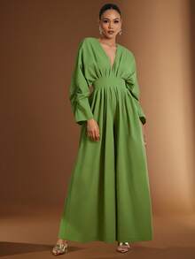 Hauture Women's Sexy Elegant Daily Low Front With Ruched Puff Sleeves And Plated Wide Leg Pant Jumpsuit - Green - View 3