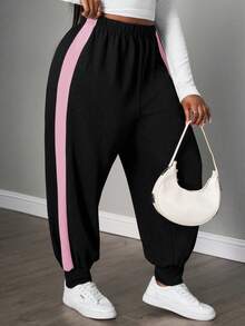 SHEIN PETITE CURVE Quần nỉ có đường may bên hông tương phản, tốt nghiệp, trang phục trở lại trường, tốt nghiệp, trang phục giáo viên dành cho nữ, trở lại trường - Hồng - Xem 6