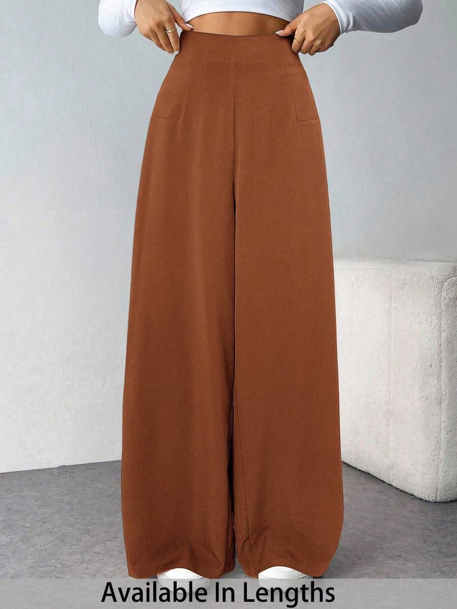 SHEIN Tall CURVE 大码女式简约休闲高腰纹理阔腿裤 - 卡其色 - 查看 1